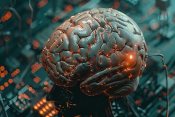 Poster - Artificial intelligence brain glowing with neural network activity inside computer circuit board