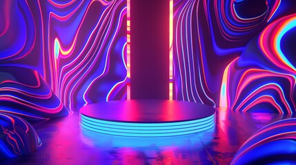 Poster - AI generative 3D podium with a psychedelic background, featuring swirling neon patterns and vibrant, abstract shapes that create a surreal atmosphere.