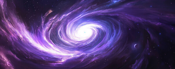 A radiant galaxy spiraling through the cosmos, nebulae glowing in purple and blue hues, with a distant planet illuminated by the galactic coreâ€™s vibrant energy waves.