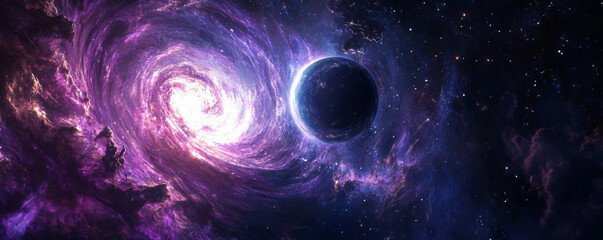 a radiant galaxy spiraling through the cosmos, nebulae glowing in purple and blue hues, with a dista