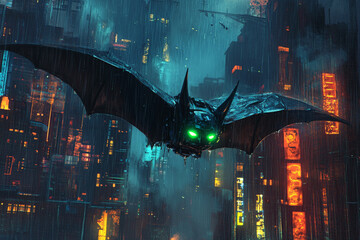 A robotic bat with glowing green eyes flying through the rainy night of a neon city, its wings casting eerie reflections in the rain-soaked air.