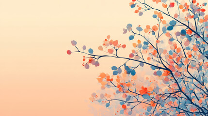 Poster - Abstract illustration of delicate, multicolored leaves on branches against a pastel background. Tranquil and elegant nature-inspired design.