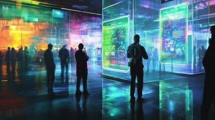 Wall Mural - A futuristic scene showcasing people interacting with digital displays in a vibrant environment.