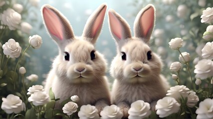 Wall Mural - cute bunny couple in a field of flower