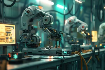 Poster - Mechanical arms assembling modern computer parts at electronic manufacturing factory