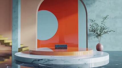 Poster - AI generative 3D podium with a contemporary modern art background, blending abstract expressionism with sleek, futuristic designs in bold, striking colors.