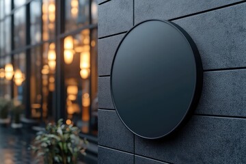 Wall Mural - Round black signboard with yellow backlight hanging on building facade