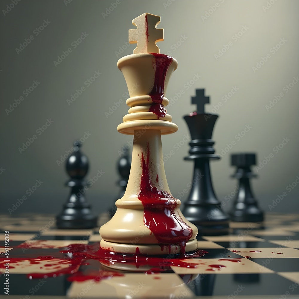 chess pieces on a chessboard, Blood spills from the wound on its side ...