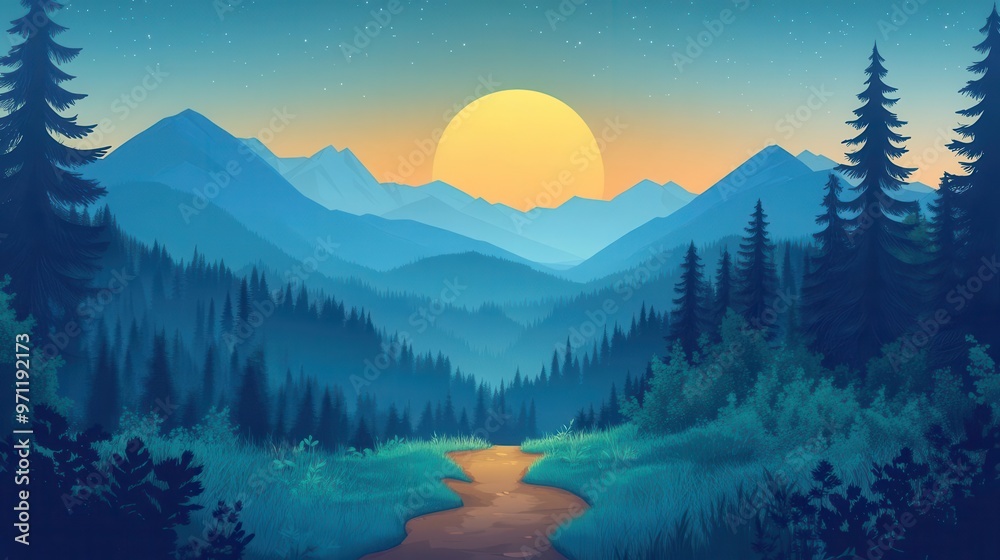 Animation Poster Triadic Color Vivid animated mountain trail scene, triadic color palette, clean flat ...