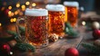 © Lubos Chlubny - Christmas beer is pouring into glass mugs on table with garland and string lights
