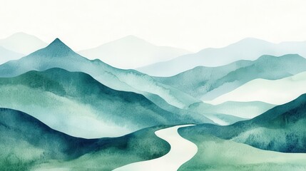 Watercolor flat design of a mountain with a winding path, soft greens and blues, minimalist landscape illustration