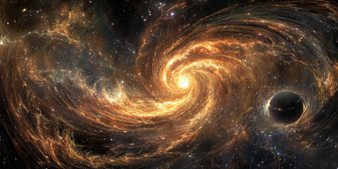 Wall Mural - An abstract view of a swirling galaxy, stars dancing in intricate patterns, with a dynamic galactic core emitting waves of light, a distant planet glowing in the far background.