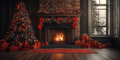 Poster - Decorated christmas tree standing next to a fireplace with burning firewood