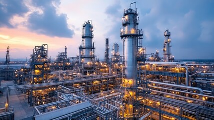 Fototapete - Oil refinery plant lighting up the evening sky with industrial beauty