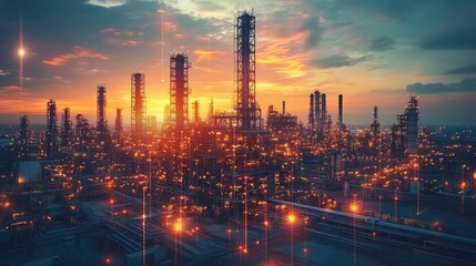 Fototapete - Oil refinery working at sunset, industrial background