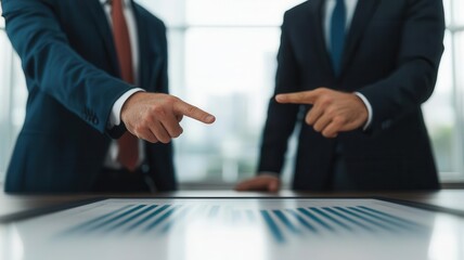 Two executives leaning over a table pointing at financial data during negotiation, business discussion, data-driven decision-making