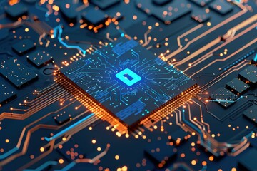 Poster - Cybersecurity concept with a cpu processing data and a padlock symbol glowing on top of it
