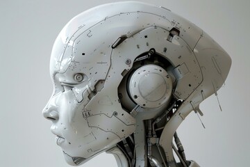 Poster - Realistic female android head is posing in profile showing artificial intelligence