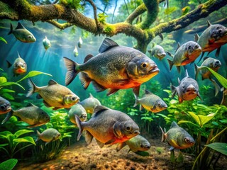 Vibrant piranha fish swim in murky waters surrounded by lush aquatic plants and fallen trees in the Amazon River basin's tropical rainforest habitat.