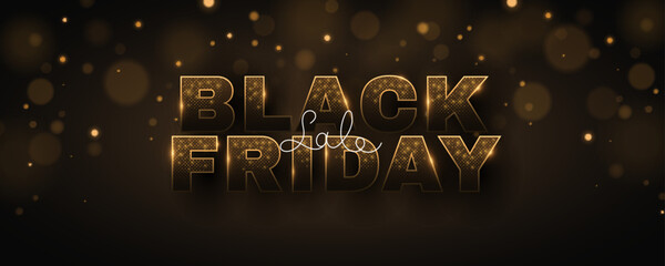 Poster - Black Friday sale abstract cover. Text banner with letters made of golden glittering halftone effect with lights. Fashion advertising promotion template design. Vector illustration. EPS 10.