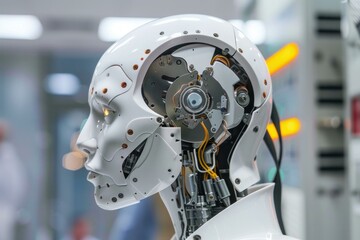 Poster - White humanoid robot with exposed brain and wiring processing data in a laboratory