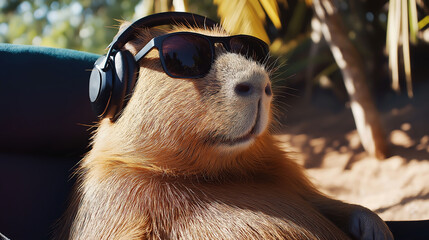 Wall Mural - Portrait of a happy cute capybara in sunglasses and headphones while relaxing at the zoo on sunny day