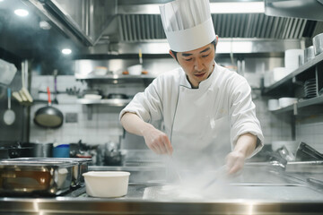 A focused chef in a white uniform and tall chef hat cooking at a professional kitchen stove, with steam surrounding him while he stirs a pan, surrounded by kitchenware..