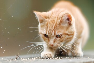 Cat and Spider Interaction, Orange tabby cat studying a tiny spider, Whiskers spread out and attentive, Dappled bokeh effect adding depth and curiosity