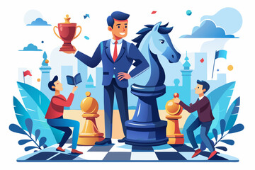 Wall Mural - challenge to success, businessman making chess knight chess leader team to win chess victory.