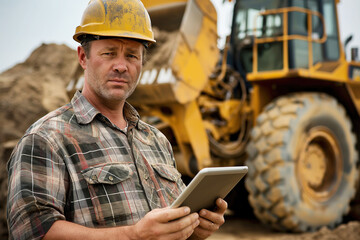 Construction worker holding a tablet while standing in front of heavy machinery, wearing a hard hat and a plaid shirt, overseeing operations.