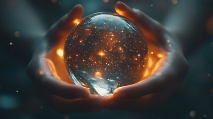Poster - glowing crystal ball held in hands under a dark sky with sparkling stars and cosmic elements at nigh
