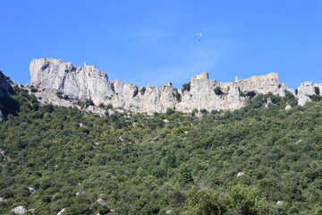 Wall Mural - Ein Paraglider vor den Mauern vom Château de Peyrepertuse	