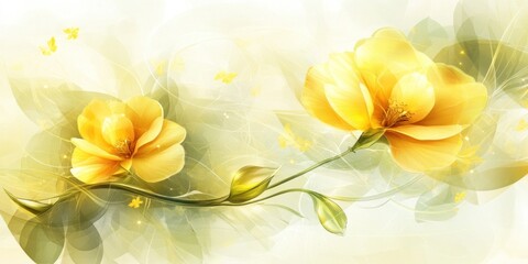 A serene illustration of yellow flowers with soft, abstract backgrounds and butterflies.