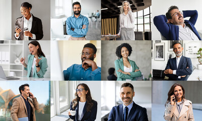 Aufkleber - A diverse group of professionals is seen actively engaging in conversations across various workspaces. They are smiling, discussing, and collaborating, showcasing a vibrant and dynamic workplace