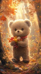 Wall Mural - A painting of a teddy bear holding a bunch of flowers