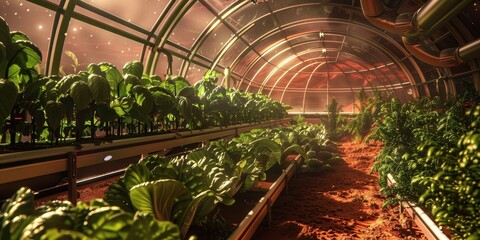 Lush green farm thriving inside a glass bio-dome on Mars with vibrant vegetables against a barren red landscape