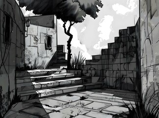 Canvas Print - Black and White Illustration of a Stone Building with Stairs and a Tree