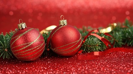 Canvas Print - Three red christmas ornaments on a red background