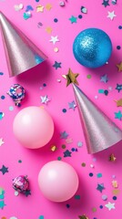 Poster - Party hats, balloons, and confetti on a pink background