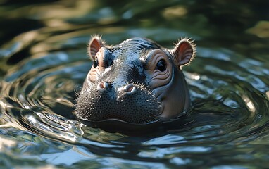 Curious Baby Hippo Peeking from Water with Ripples - Adorable Animal in Nature