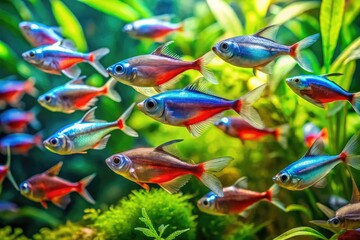 Vibrant schooling of neon-tinted Tetra fish, their iridescent blue and red scales shimmering amidst lush green aquatic plants in a serene, sun-dappled freshwater aquarium scene.