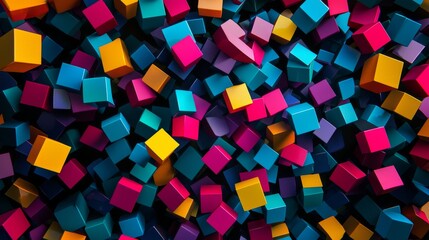 Randomly scattered geometric cubes and prisms in bright hues against a dark background