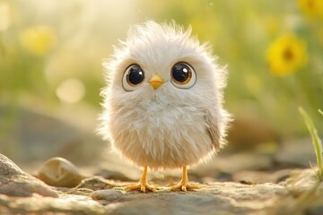 A cute fluffy chick with big eyes standing on a stone, surrounded by soft sunlight and vibrant flowers.