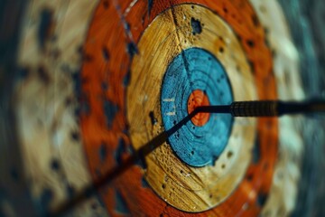 Two darts are hitting the very center of an old target