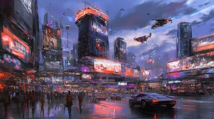 A vibrant futuristic cityscape with neon lights, flying vehicles, and bustling crowds.