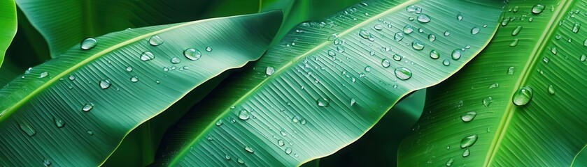 Wall Mural - close-up banana leaves with water droplets, tropical garden flat design, side view, botanical elegance, cartoon drawing, Split-complementary Color Scheme