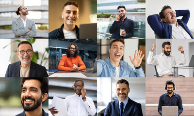 Aufkleber - A diverse group of men is actively engaged in different activities within a contemporary office environment. The individuals are seen communicating, working on laptops, smiling