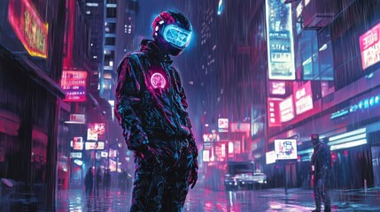 Wall Mural - A futuristic figure in a neon-lit cityscape, embodying cyberpunk aesthetics.