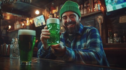 Wall Mural - St Patrick's tech: Man drinks green beer, reads phone message