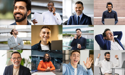 Aufkleber - A diverse group of professionals is captured in an office environment, engaged in various activities. Individuals are smiling, conversing on the phone, using laptops, and interacting with one another